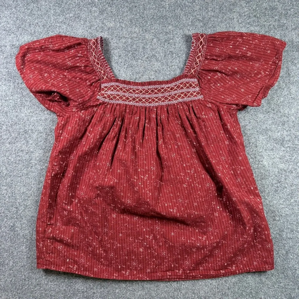 Madewell Smocked Puff Sleeve Top Women XXS Red Floral Square Neck Dotted Vines